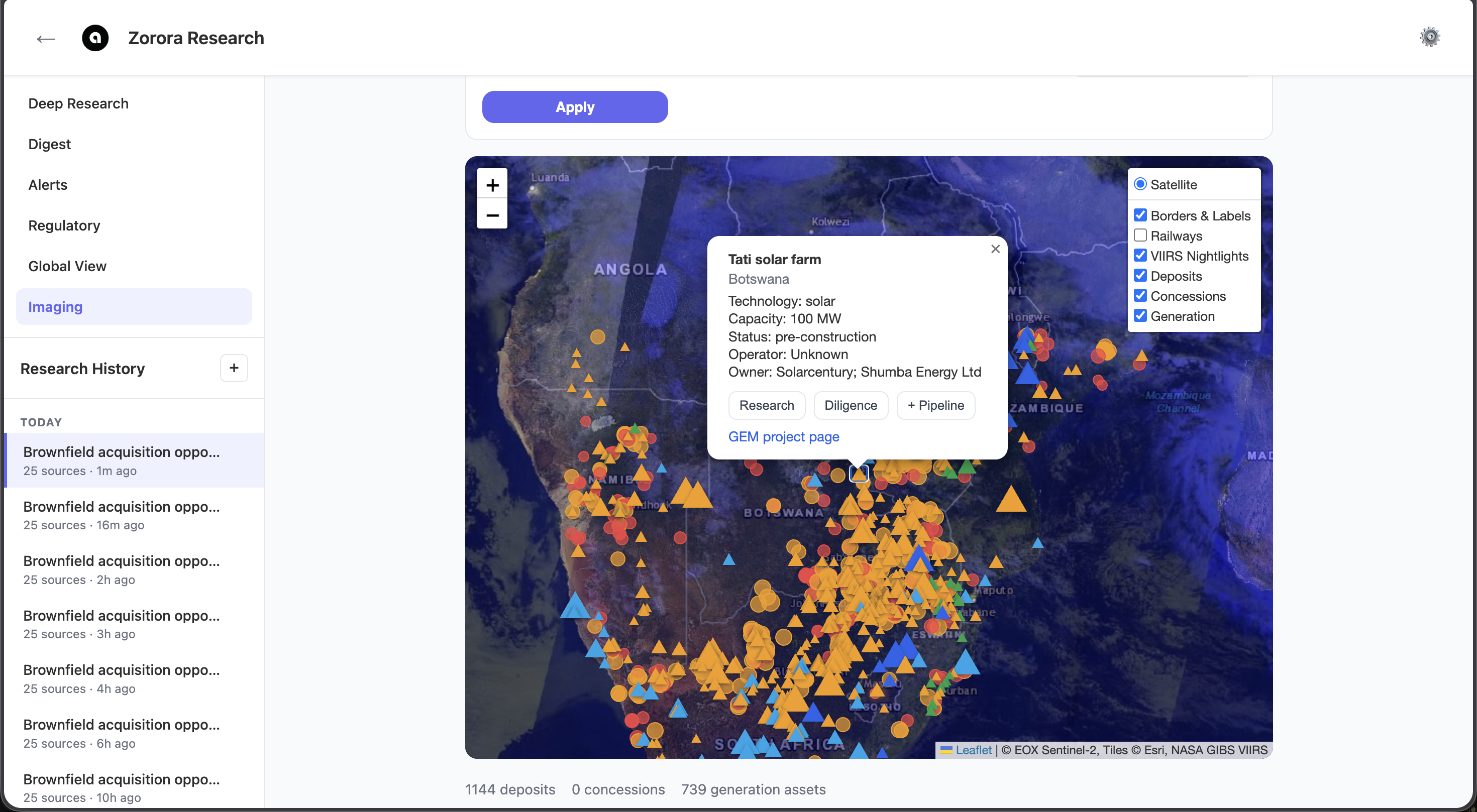 Zorora satellite imaging view showing generation assets across Southern Africa with Tati solar farm detail popup